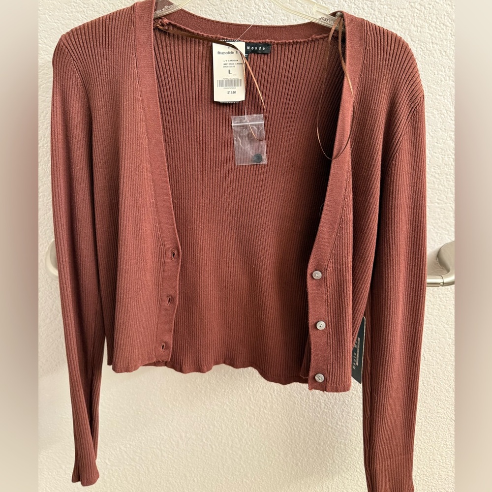Rhapsodielle Chocolate Ribbed Button-Up Cardigan - Size L (NWT)